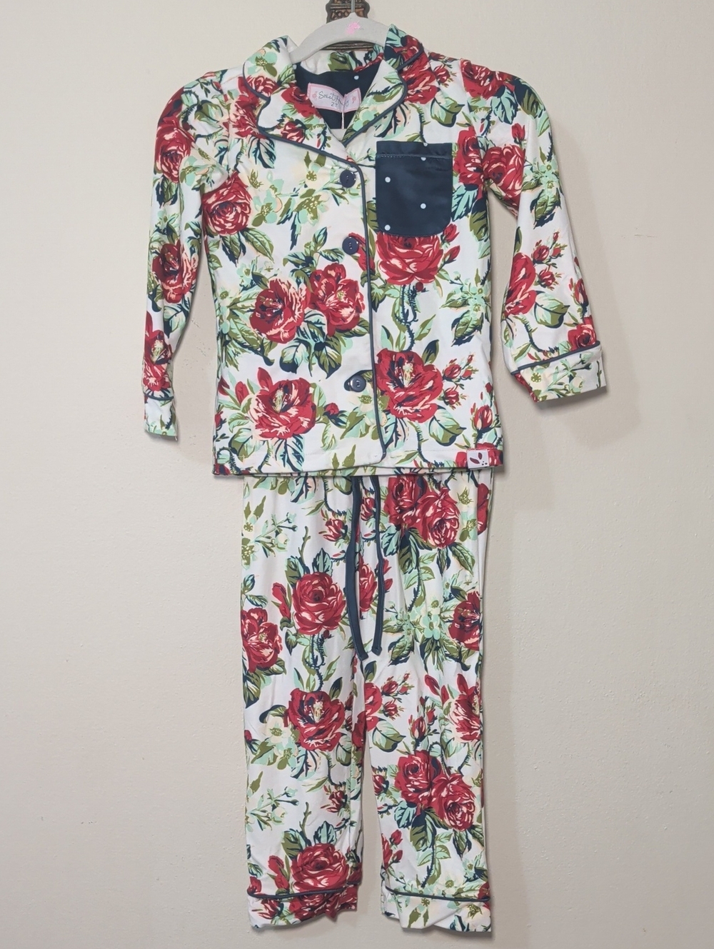 SweetHoney Red Rose Pajama Set White Navy Polka Dots Floral NEW Girls Size 2T